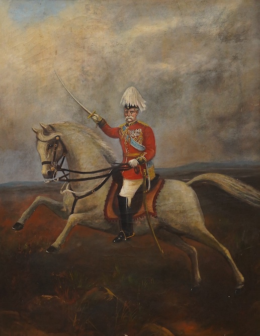 J. M. Thompson, oil on canvas, Soldier on horseback, signed, 90 x 70cm. Condition - poor